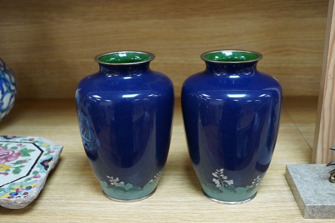 A pair of Japanese silver wirework cloisonné ‘phoenix’ vases, Meiji period (1868 - 1912), 18cm